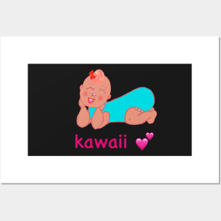 Cute Kawaii baby with the word kawaii and pink hearts Posters and Art